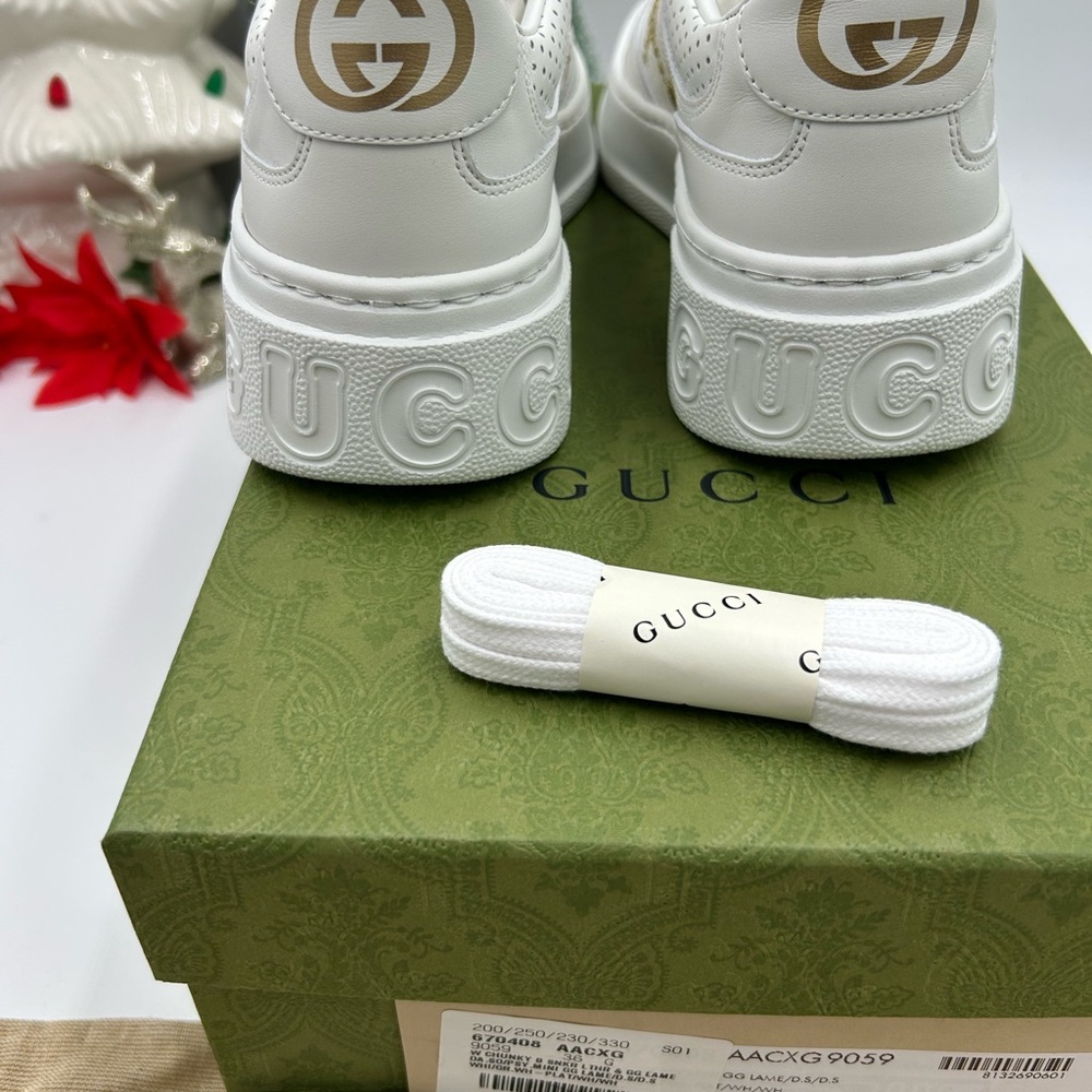 Gucci Women's platform low top sneakers in white leather with gold lame size 36 - Picture 5 of 9